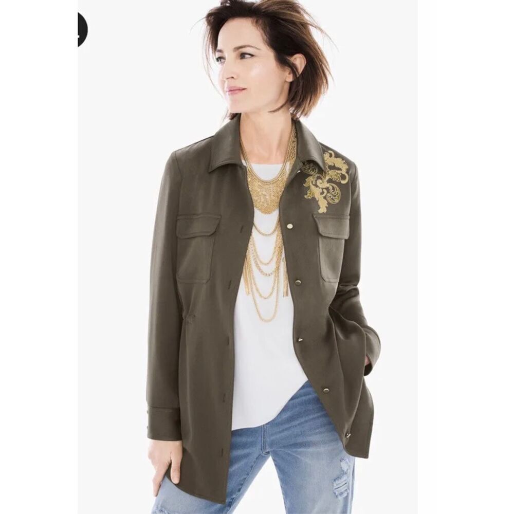 Chicos black label Size 0 = Small Green Military button down Floral appliqué Tun